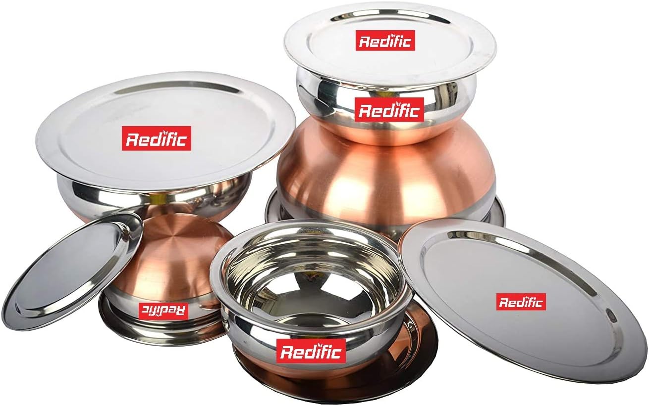 Redific Stainless Steel Copper Bottom Handi, Cooking Serving Bowl, Cookware Set of 5 Pieces with lid Size: 1.600, 1.200, 0.850, 0.650, 0.400 litre (Copper, Stainless Steel, Non-Stick)