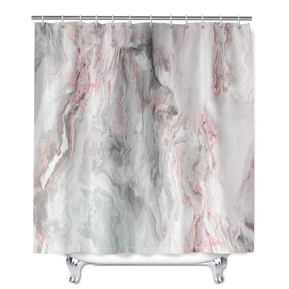 Chickwin Marble Shower Curtain with 12 Hooks 3D Printed Waterproof Washable Bath Curtain Bathroom Decor 100% Polyester Fabric (Gray Pink,180x180cm)