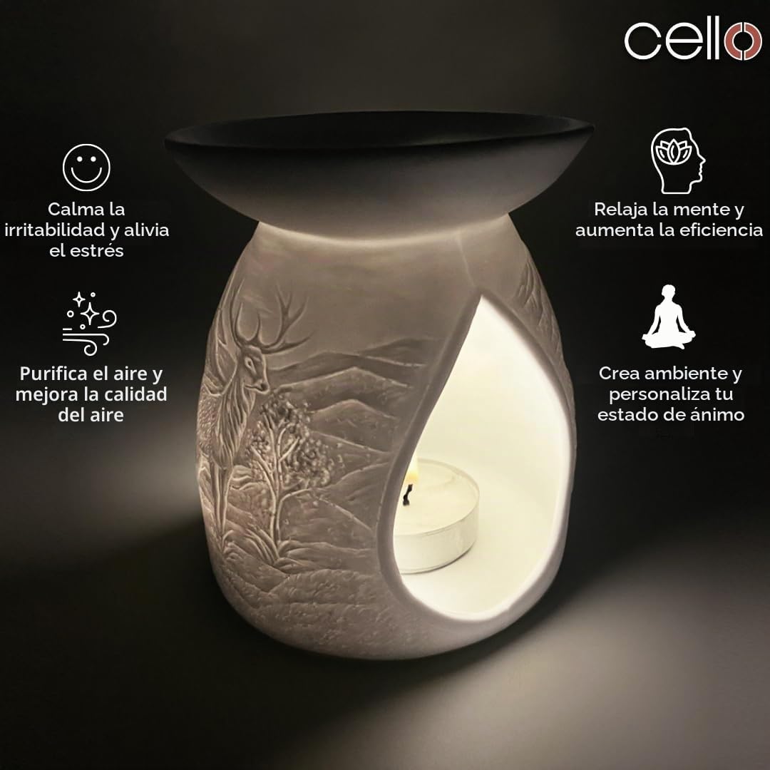 Cello Quemador de cera para derretir y aceite, ciervo de las tierras altas, impresionante decoración de porcelana. Úsalo como quemadores de cera o quemador de aceite esencial y perfuma mágicamente tu