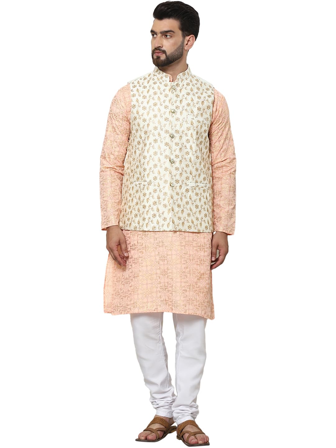 (Since 1958 Cotton Foil Printed Kurta And White Pyjama With Embroidered Nehru Jacket
