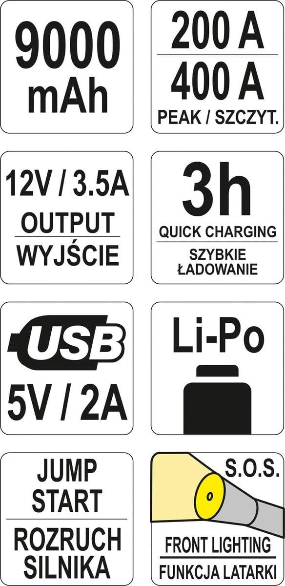 YATO profesjonalne urządzenie rozruchowe z powerbankiem 200 A/400 A/9000 mAh, 5 V/2 A USB, 12 V 3,5 A, przenośne urządzenie wspomagające rozruch akumulatora samochodowego
