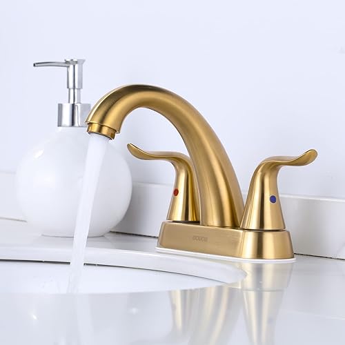 Miniatura 3 de WOWOW Grifo de Lavabo de Baño de 4 Pulgadas  Grifo de Tocador Central Dorado Cepillado con Varilla de Elevación y Desagüe, Grifo Mezclador Moderno