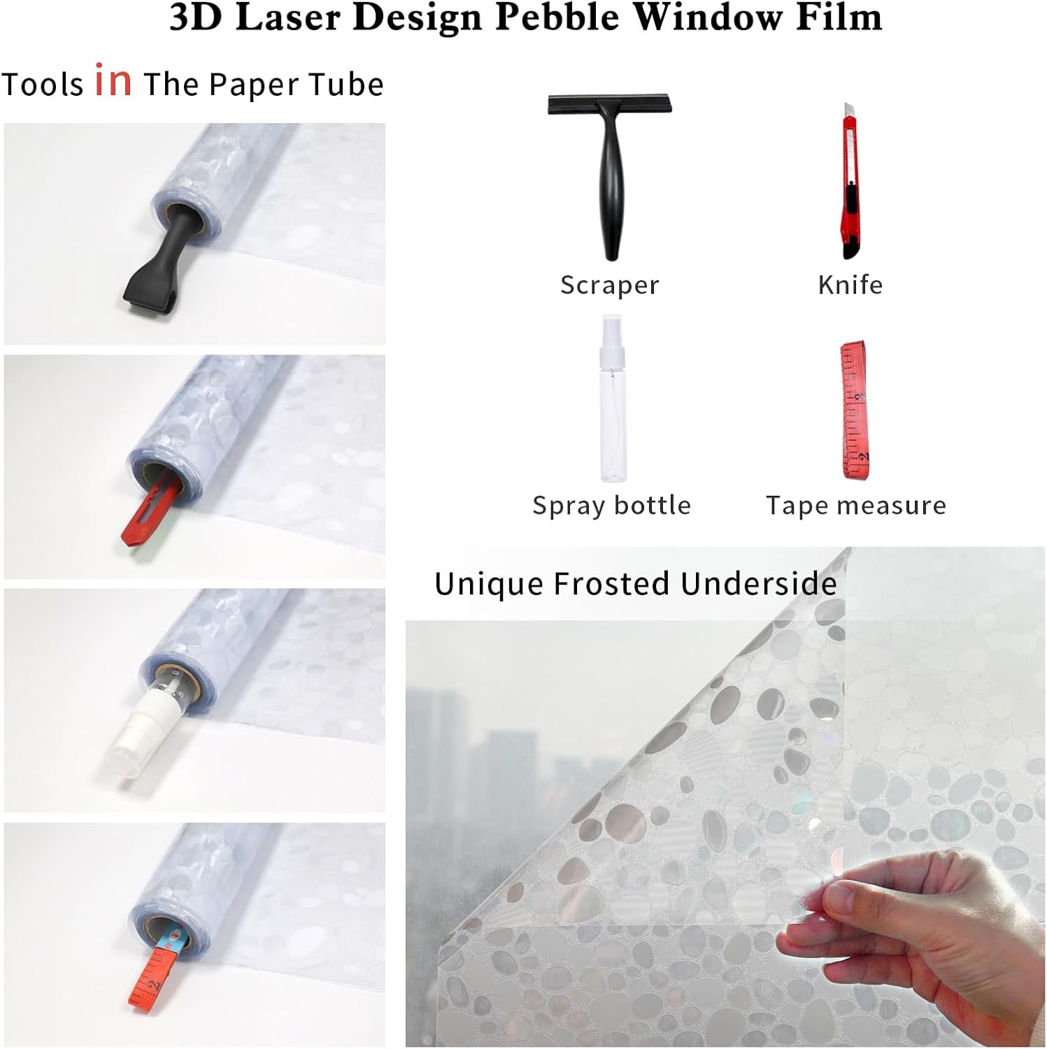 JAYONG Window Privacy Film - Rainbow Stained Glass Window Film, Static Cling Heat Control Sun Blocking Window Tint for Home Office,3D Pebble,17.5 x 196.8 Inch