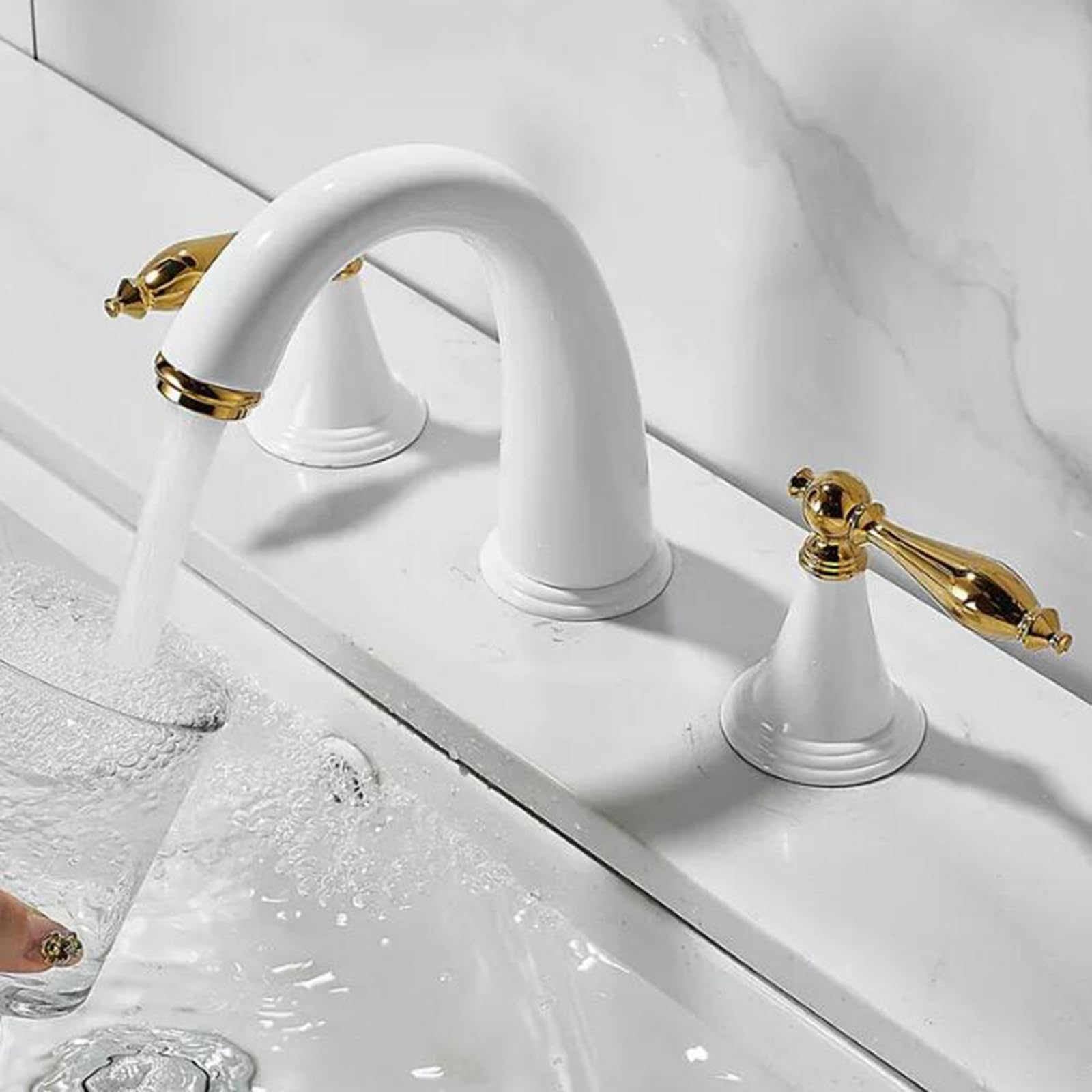 Grifo Lavabo 3 Orificios Grifo Baño 3 Orificios Latón Agua Fría y Caliente Doble Asa-Blanco+Dorado