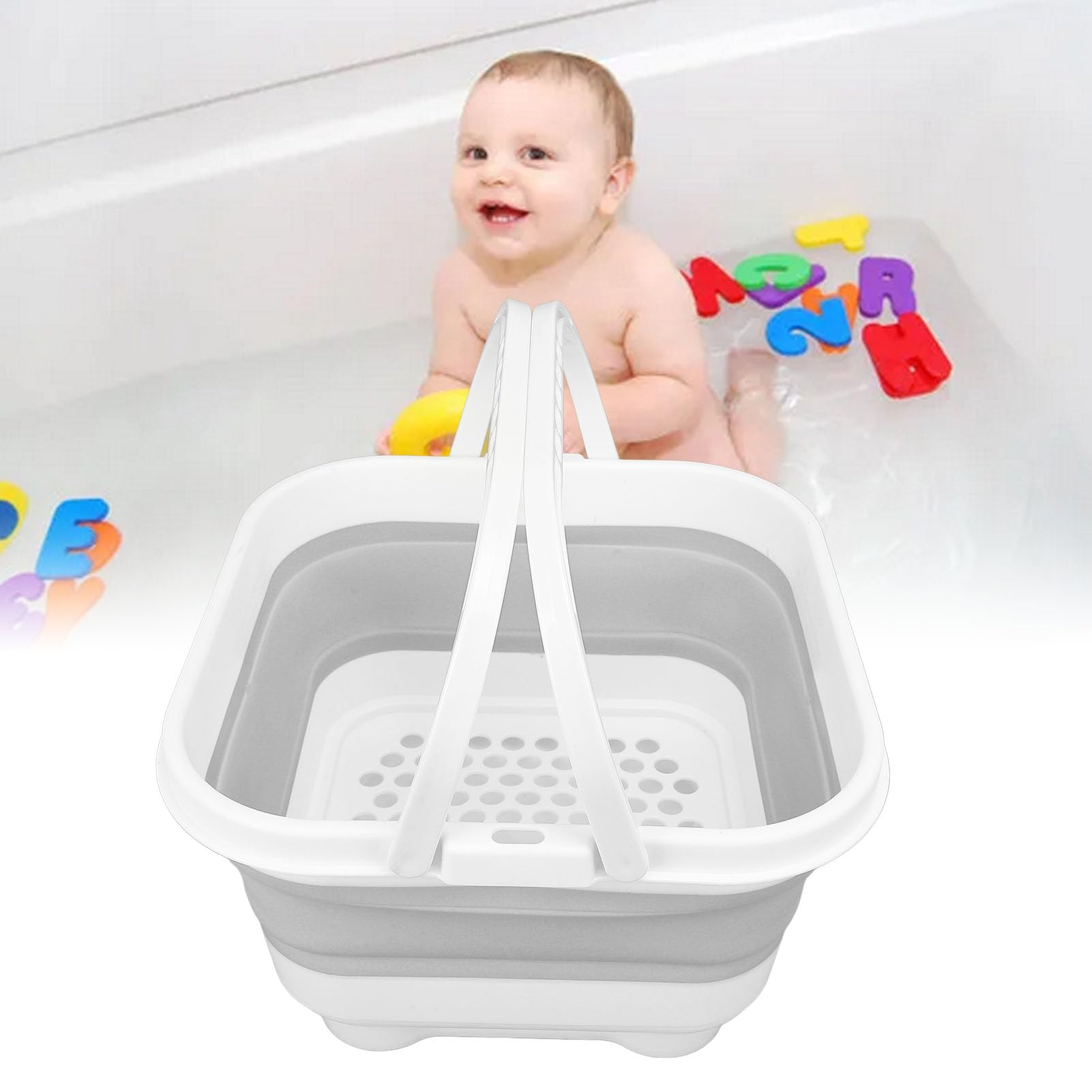 Organizador Plegable del Juguete del Baño, Cesta Plegable del Juguete del Baño del bebé Alta Capacidad Agradable para los Artículos de Tocador (Blanco+Gris)