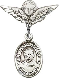 Sterling Silver Baby Badge with St. Maximilian Kolbe Charm and Angel w/Wings Badge Pin 7/8 X 3/4 inches