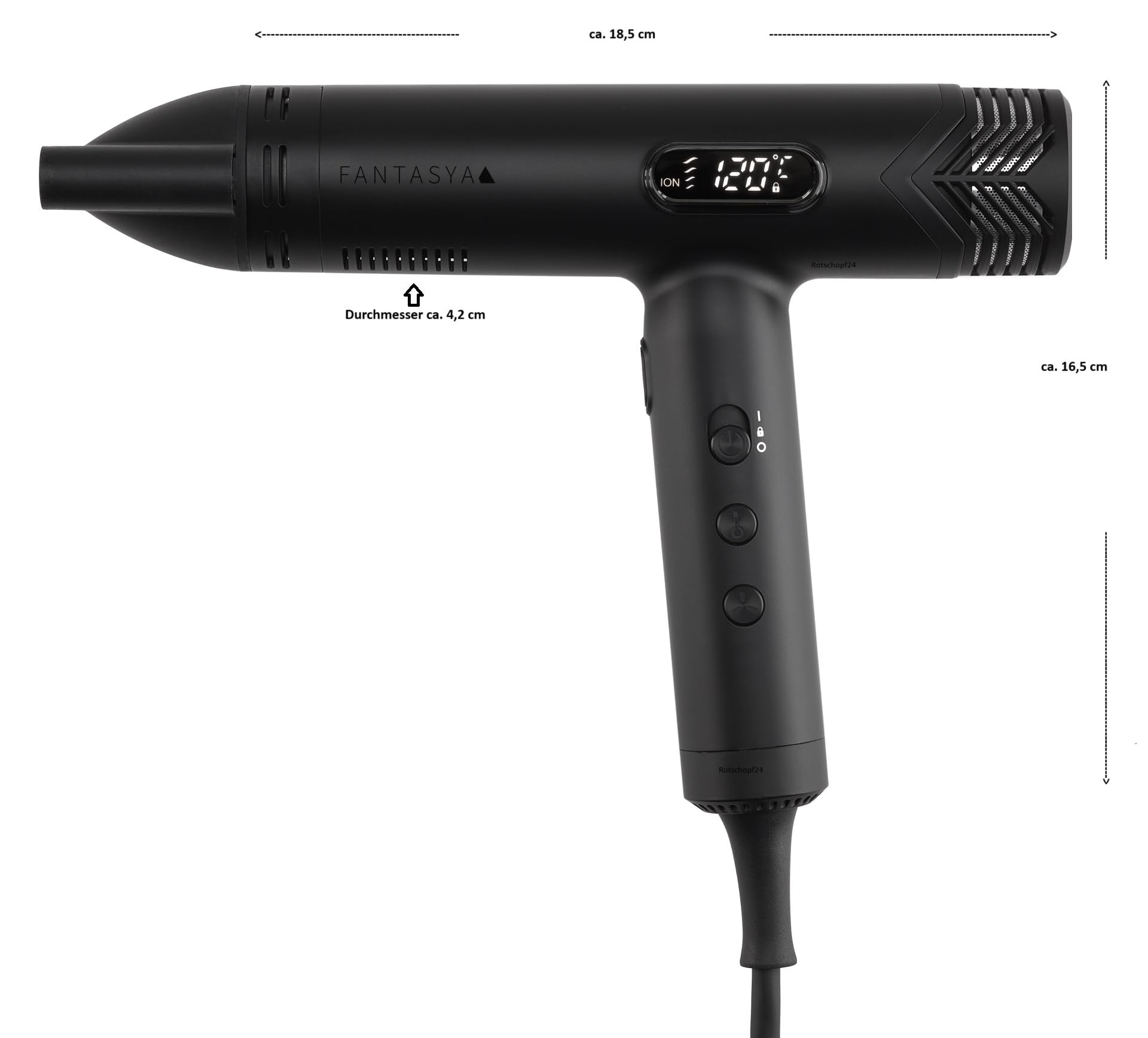 Rotschopf24 Efalock FANTASYA High Speed Haartrockner, Ionen Föhn + Tasche | 1800 W, Brushless-Motor, 4 Temperatur- und 4 Gebläsestufen, 29,7 l/s Luftdurchsatz mit Diffusor und Düsen.