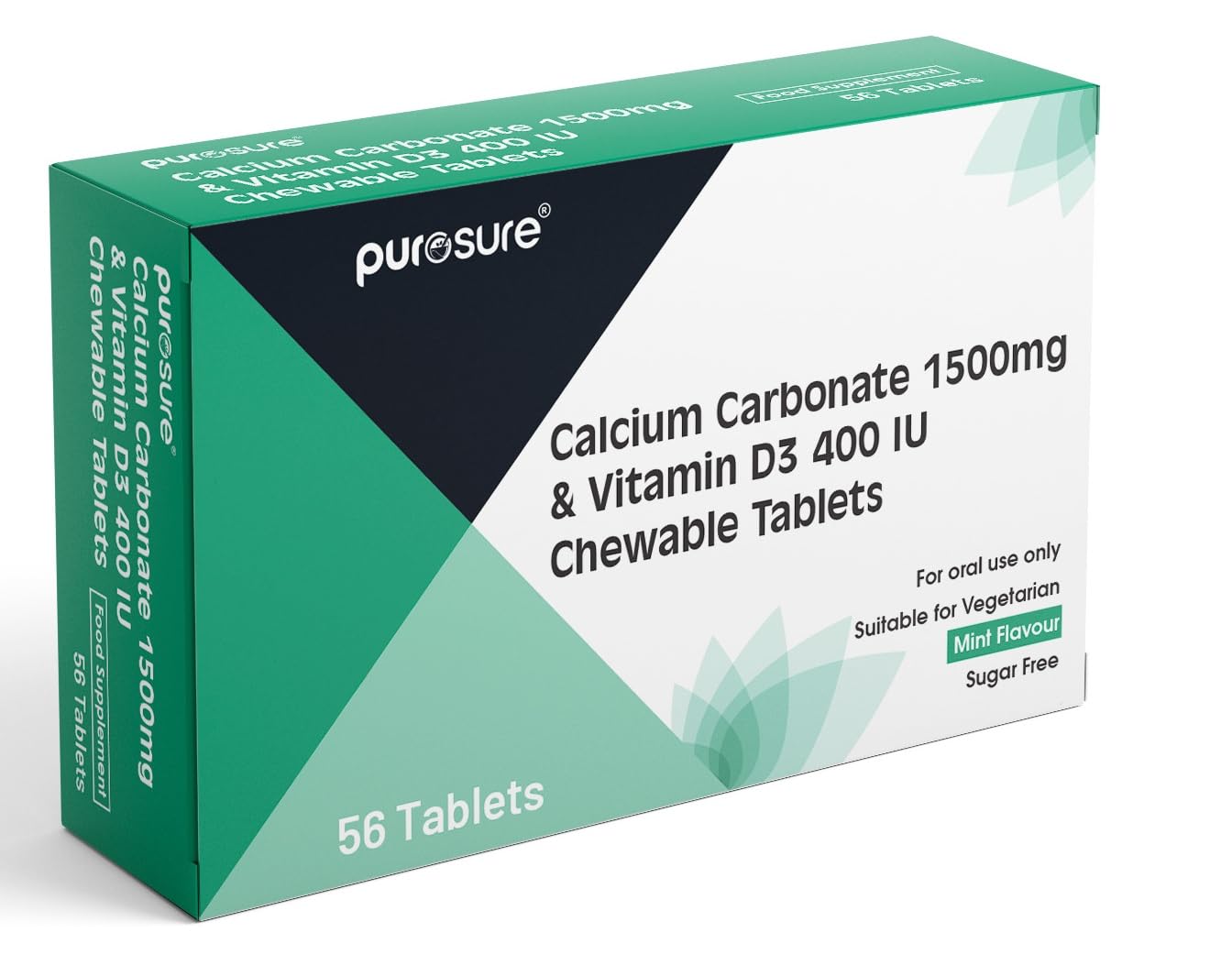 PUROSURE Calcium Carbonate 1500mg with Vitamin D3 400 IU – Mint Flavour | 56 Chewable Tablets | Bone & Teeth Health Easy-to-Chew Calcium + D3 Supplement (Mint Flavour - 56)