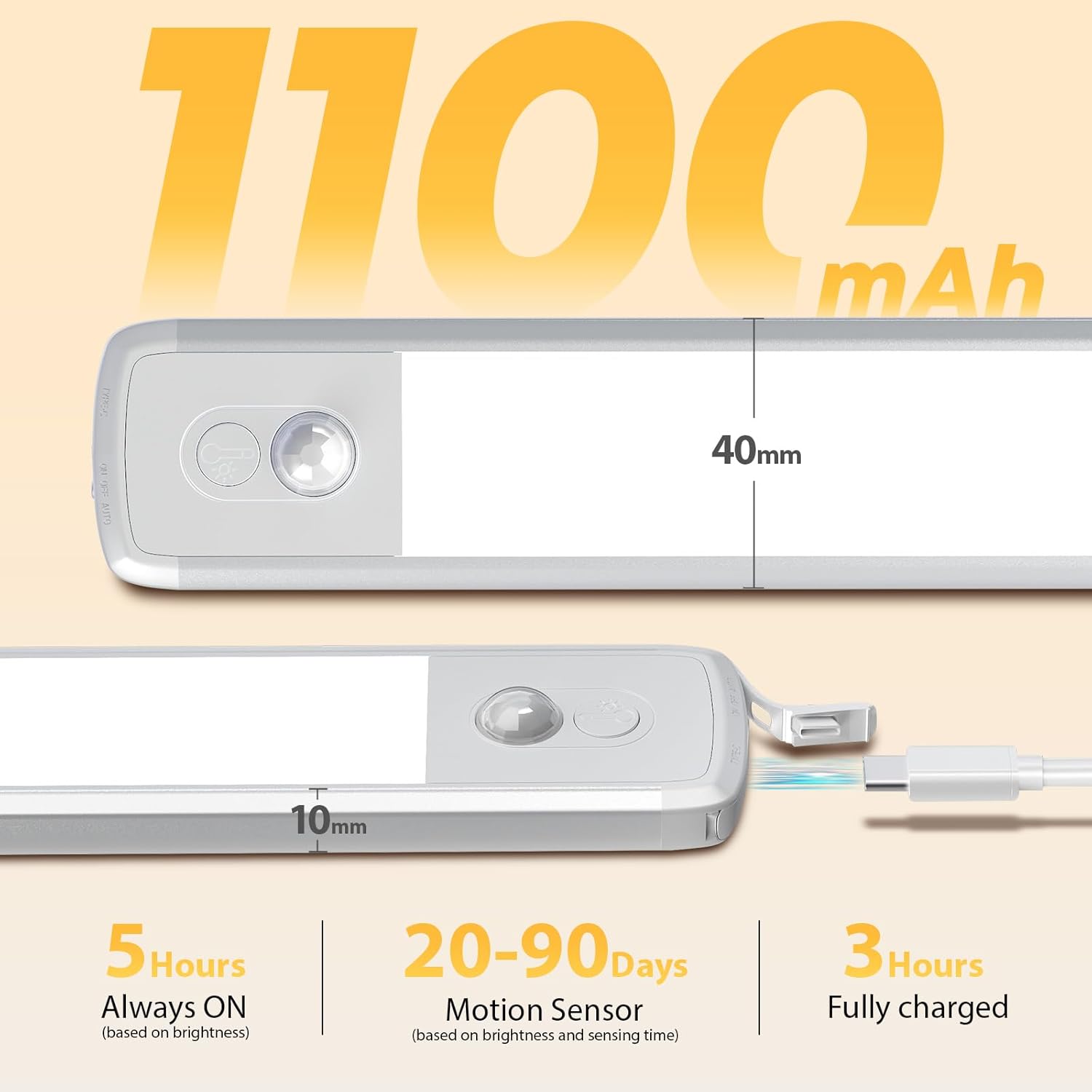 Under Cabinet Lighting Rechargeable, Wireless Motion Sensor Light Indoor, 3 Color Temperature, Dimmable, 3 Modes, Magnetic Under Counter Lights for Home, Kitchen (8.3inch, 2Pack)
