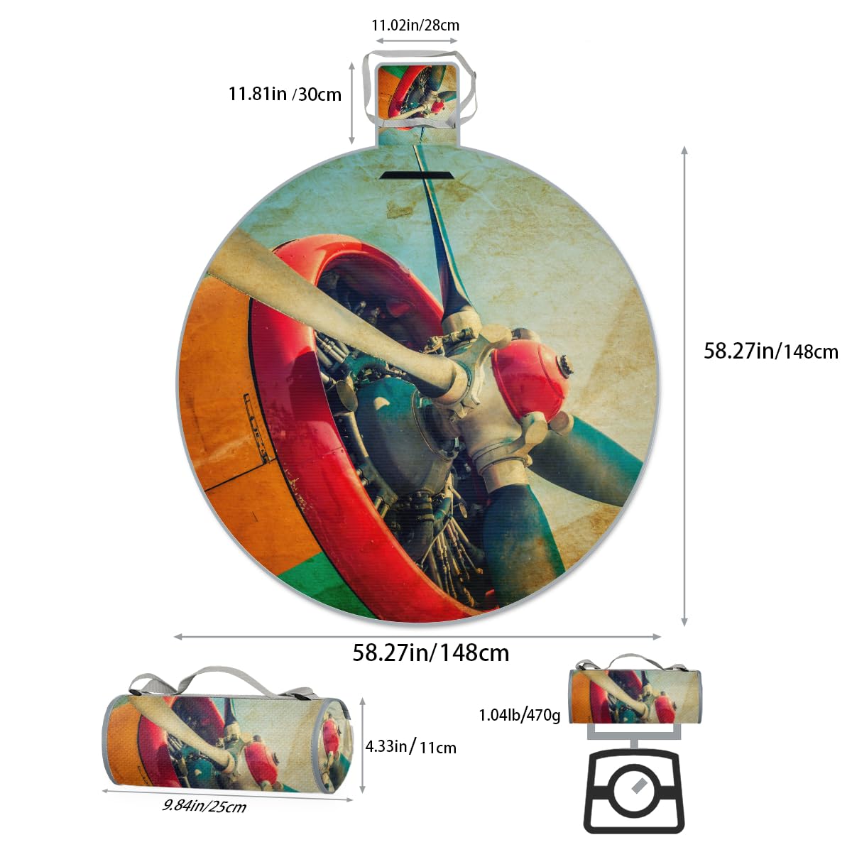 Shimoshe Colorful Aircraft Picnic Outdoor Blanket Foldable Waterproof Sandproof Beach Blanket Portable Water-Resistant Round Picnic Mat for Travel Camping Park Lawn