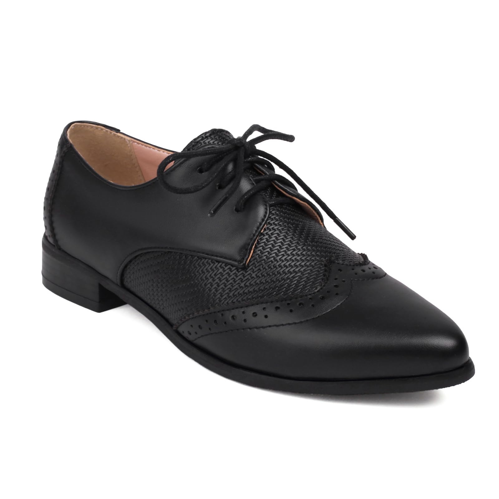 Womens Leather Wing Tip Low Chunky Heel Oxford Shoes Lace Up Vintaget Derby Saddle Oxfords Comfor Flat Brogue