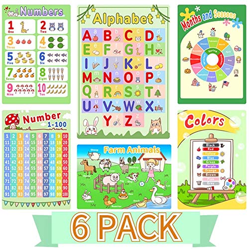 Alphabet Chart Posters for Preschoolers, Number Chart 1-100 for Kids, 6 Pack Educational Posters for Toddlers, Preschool Learning Posters for Wall Home Classroom Decor for Pre K â€“ K 16 x 11 Inch