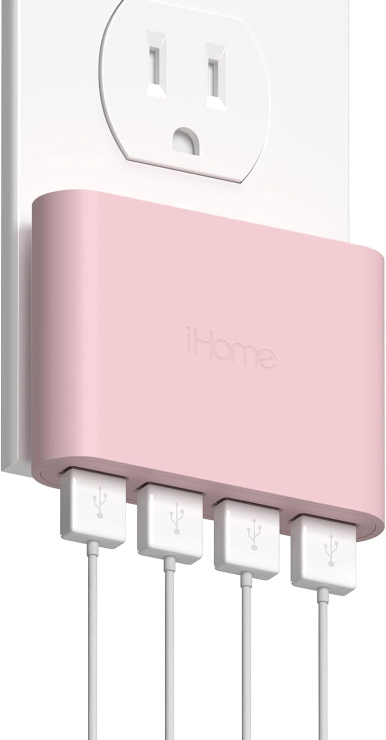 iHome Slim 4-Port USB Wall Charger, AC Pro Multiport Plug Adapter, Phone Charging Block with 4 Ports, Flat USB Wall Adapter for Home & Travel