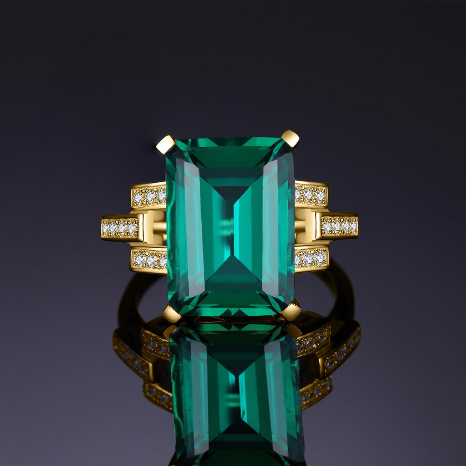 JewelryPalace Emerald Cut 6ct Simulated Emerald Solitaire Cocktail Rings for Women, Green Gemstone 925 Sterling Silver 14k Gold Plated Ring, Gemstone Ring for Girls Jewelry Set - Image 3