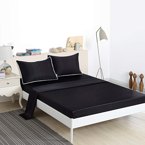 Miniatura 3 de Thmyo Juego de ropa de cama de satén de 3 piezas, sábana bajera ajustable de satén con fundas de almohada, suave, cómoda, hipoalergénica y