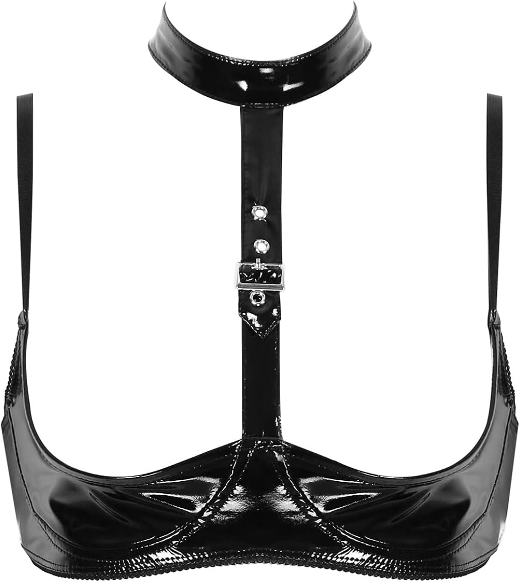 Women Sexy Patent Leather Halter Neck Exposed Nipples Shelf Bra Spaghetti Straps Bralettes