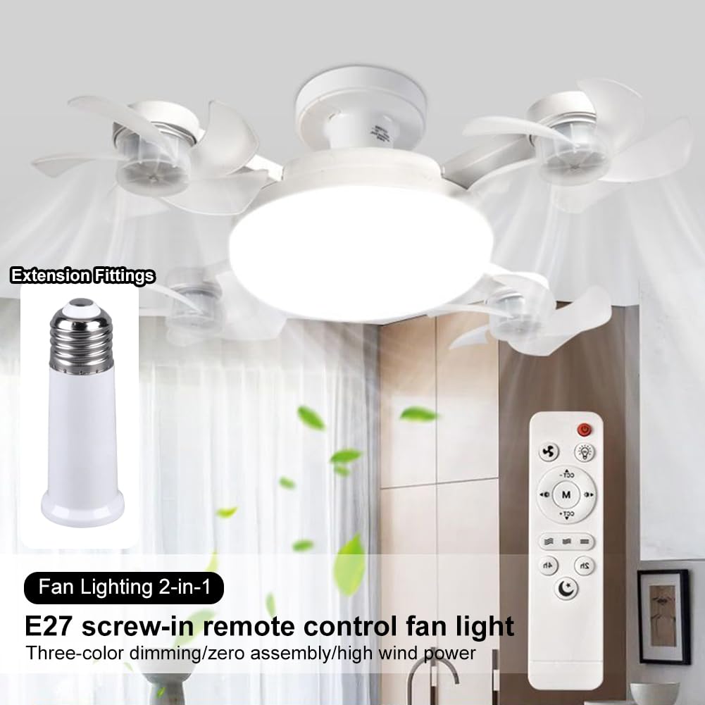 Starnearby Ventilatore da Soffitto con Luce e Telecomando, Lampadario con Ventilatore da Soffitto Silenzioso, Dimmerabile, E27, Lampada da Soffitto LED con Ventilatore (4 Teste+Connettore di Prolunga)