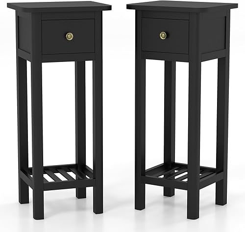 Miniatura 32 de Tangkula Mesa auxiliar estrecha, mesa auxiliar pequeña para espacios pequeños, mesita de noche delgada de madera de acacia de granja con cajón y