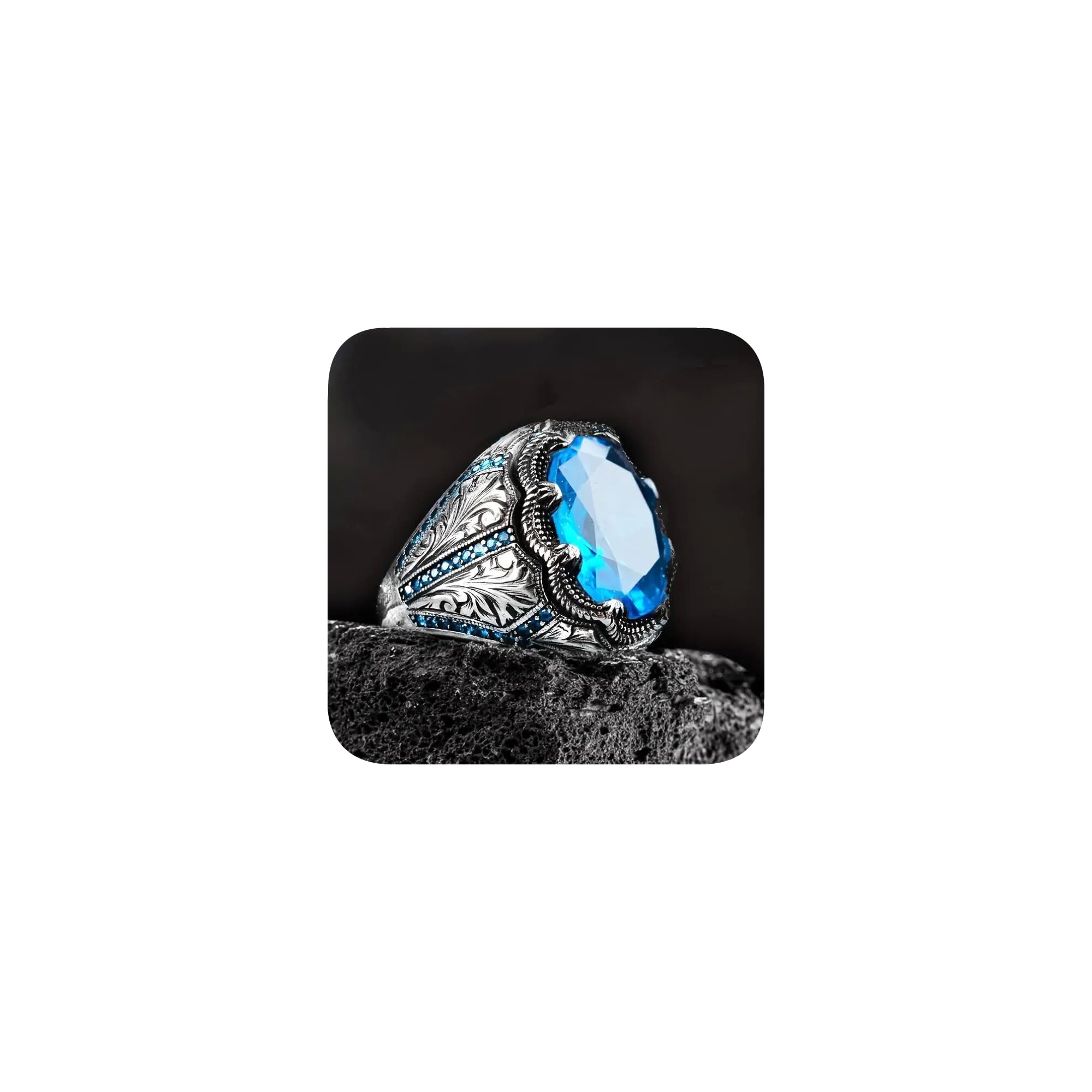 925 Plated Silver CZ Aquamarine Mens Ring Multi Color Stone Ring Vintage Turkish Style Men Women Handmade Carved Silver Ring Emerald Stone Jewelry Size 5-12-image-44
