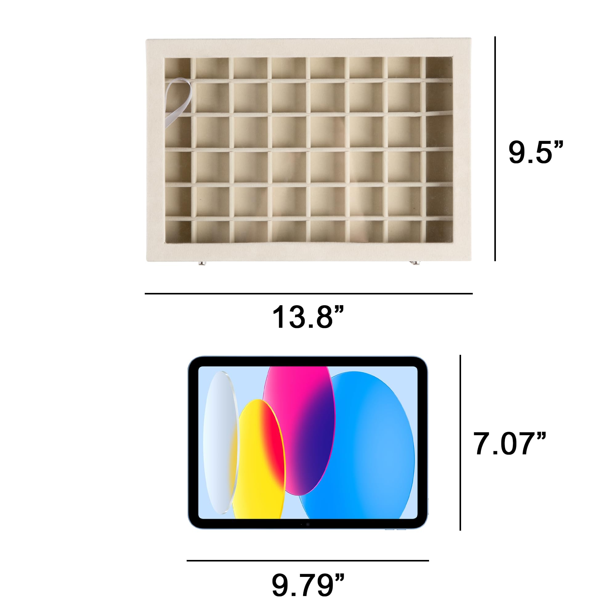 Frebeauty Bandeja para joyas con 48 compartimentos, soporte ajustable para pendientes con tapa de cristal, cajón de terciopelo, organizador de joyas para anillos (Beige)