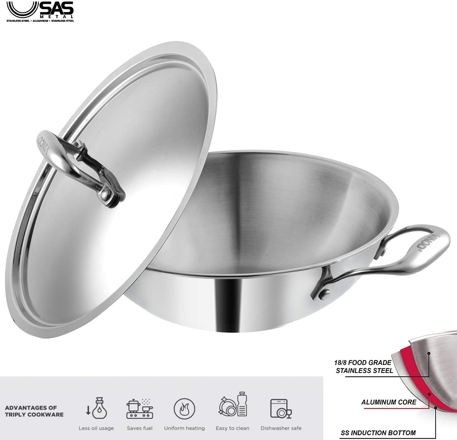 Vinod Cookware Food Grade 3.7 Litre Induction Friendly Platinum (TRI PLY) 18/8 Stainless Steel Kadai with Stainless Steel Lid (28cm, 3.7 Litre)