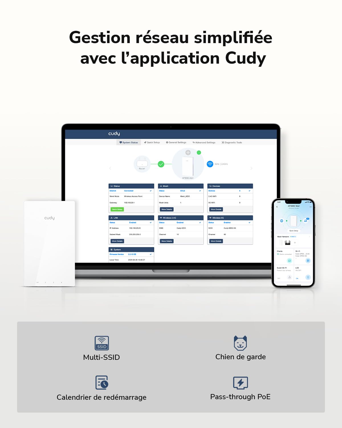 Cudy Point d'accès Mural AC1200, commutateur GbE à 5 Ports, AP1300 Wall | Wi-Fi 5 à 867 300 Mbps, commutateur 5x GbE, 650 pieds carrés, 40 clients, portail captif, fixation murale de 86 mm