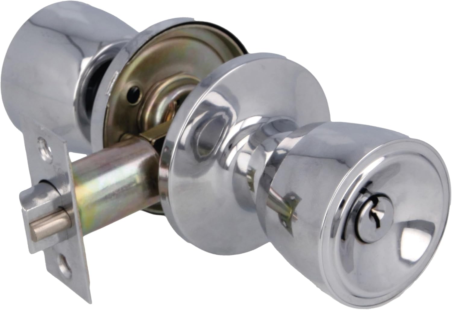 Amig - Entry Door Knob | Set of Cup-Type Knobs with Anti-Card System| Brass | Entry Handle 60/70 mm | Key and Lock | for Wooden Doors | Square Edge Handle | Gloss Chrome