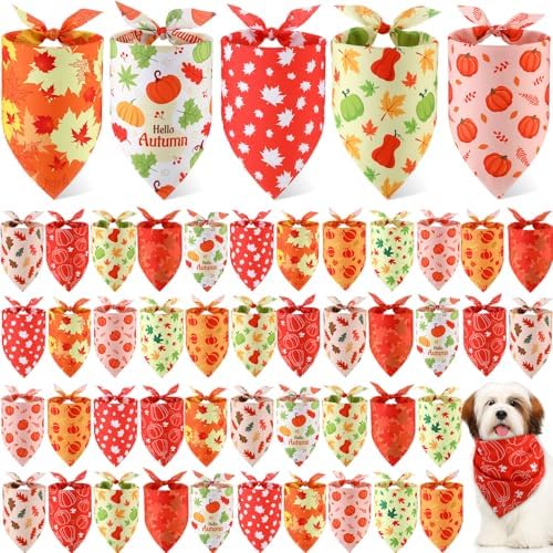 Weewooday 50 Pcs Thanksgiving Fall Dog Bandanas Bulk Pumpkin Maple Leaves Autumn Bandanas for Bibs Adjustable Scarf for Small Medium Large Pet Cat Costume(Leaves Pattern, 19.7 x 13.8 x 13.8 Inch)