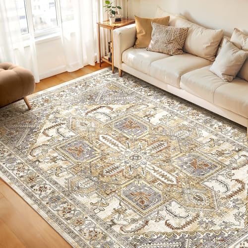 WITSHOCK Living Room Area Rugs 8x10: Washable Rug Boho Soft Non-Slip Low Pile Stain Resistant Foldable Carpet for Bedroom Playroom Dining Room Office Kitchen Farmhouse Home Decor Rug-Turmeric/Grey