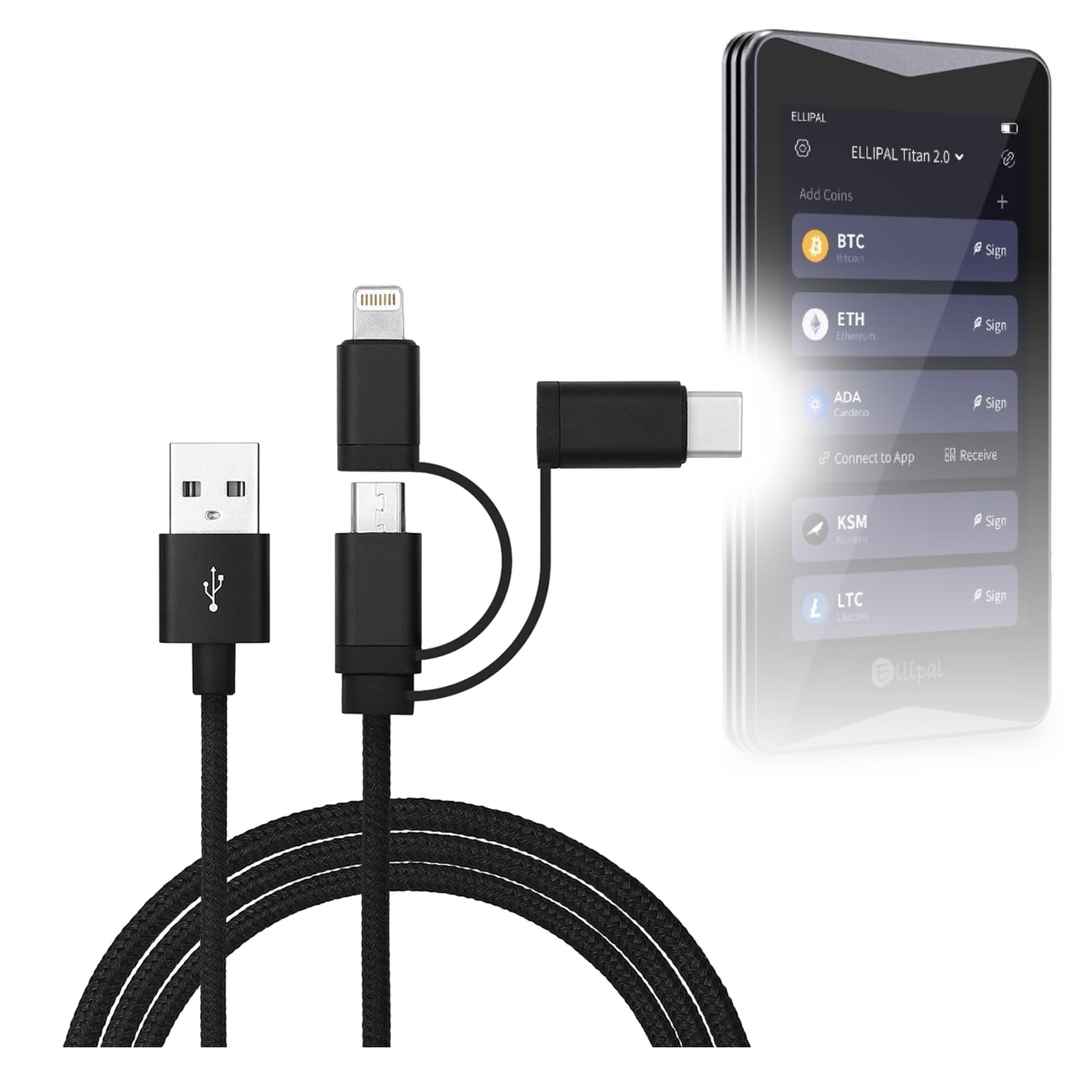 BoxWave Cable Compatible with ELLIPAL Titan 2.0 - AllCharge 3-in-1 Cable - Jet Black
