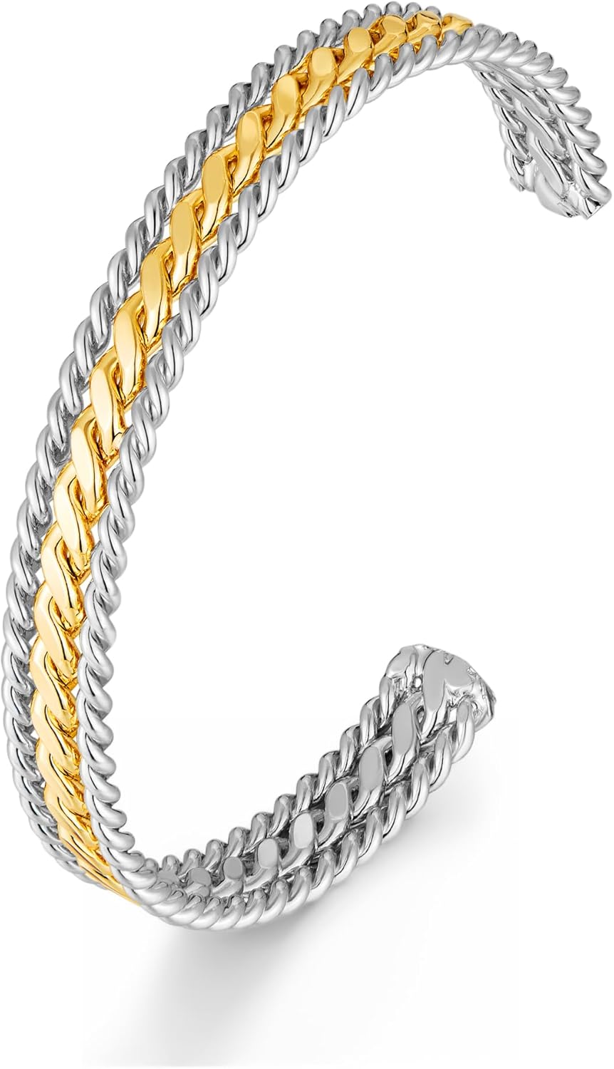 Two Tone Bracelet for Women Braided Twisted Cuff Bracelet Gold Silver Mixed Metal Statement Bracelet Adjustable Jewelry
