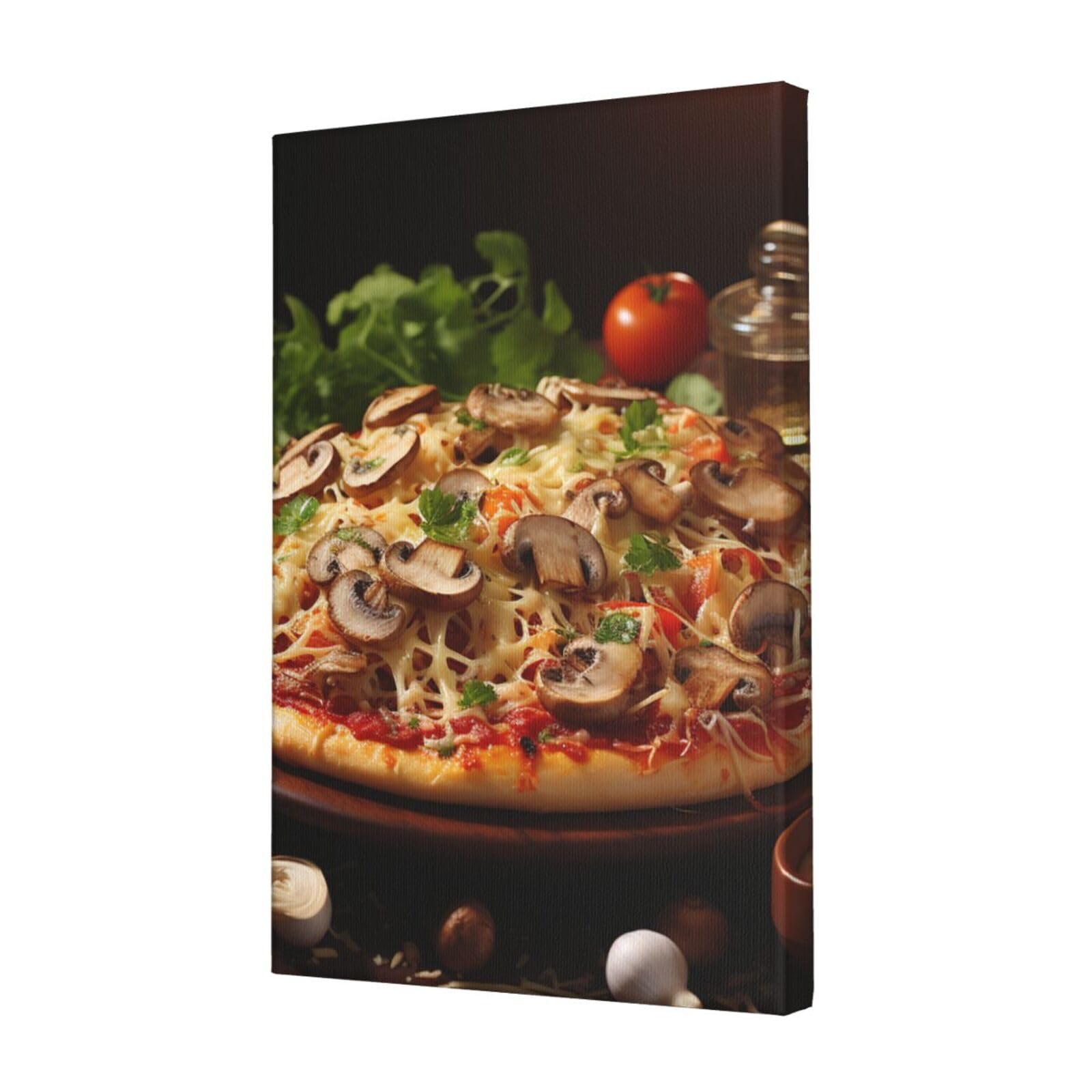 KLOPH Pizza with mushrooms tomatoes Canvas Wall Art for Living Room 12"x18" Modern Artwork Painting for Bathroom Hanging Canvas Prints Aesthetic Wallart for Bedroom Kitchen Office Wall Decor