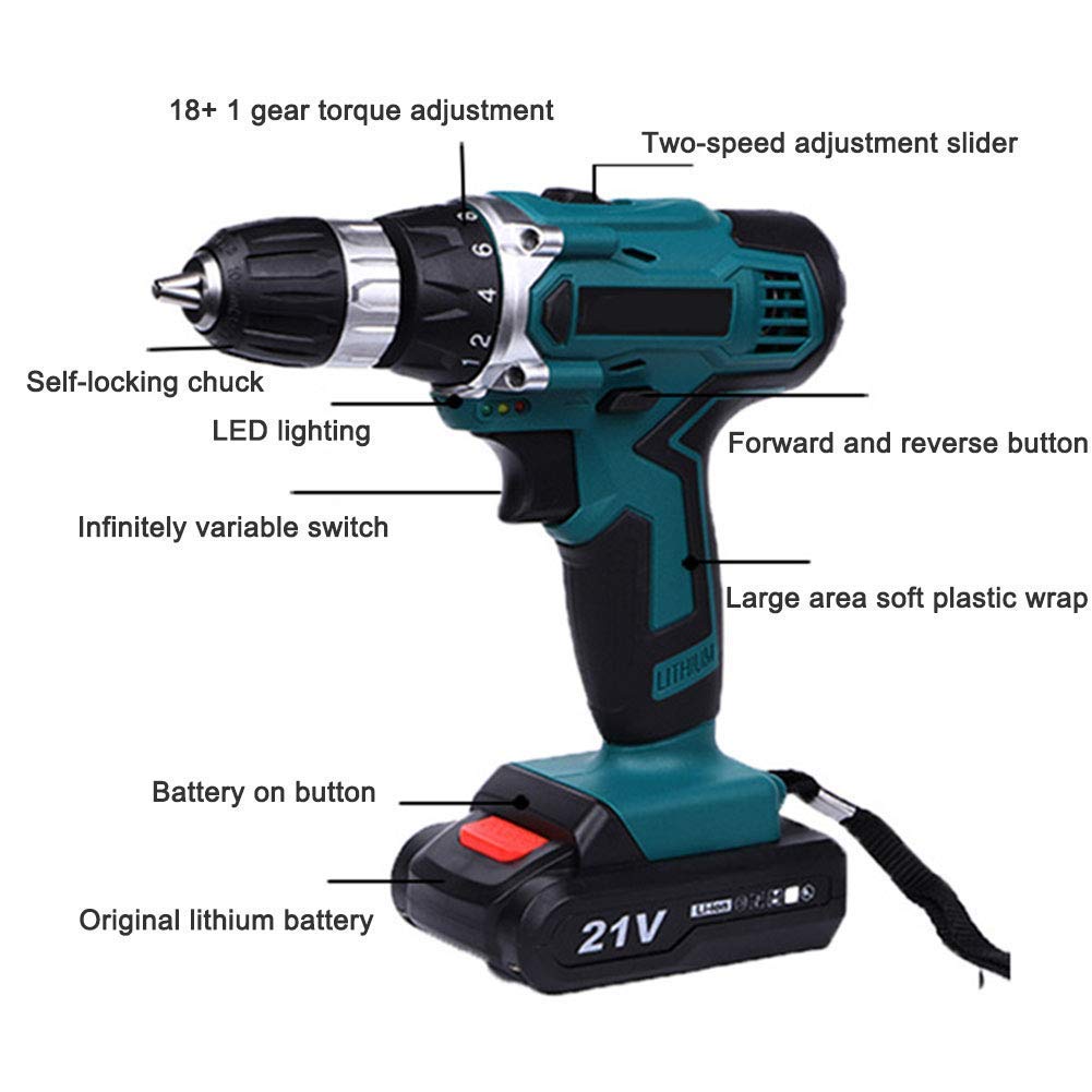 Trapano Avvitatore a Batteria da 21 V, Batteria al Litio 2x1500mA, 32 NM di Coppia, 2 velocità, Faro da Lavoro a LED, per progetti Fai da Te e bricolage, Caricabatterie Incluso