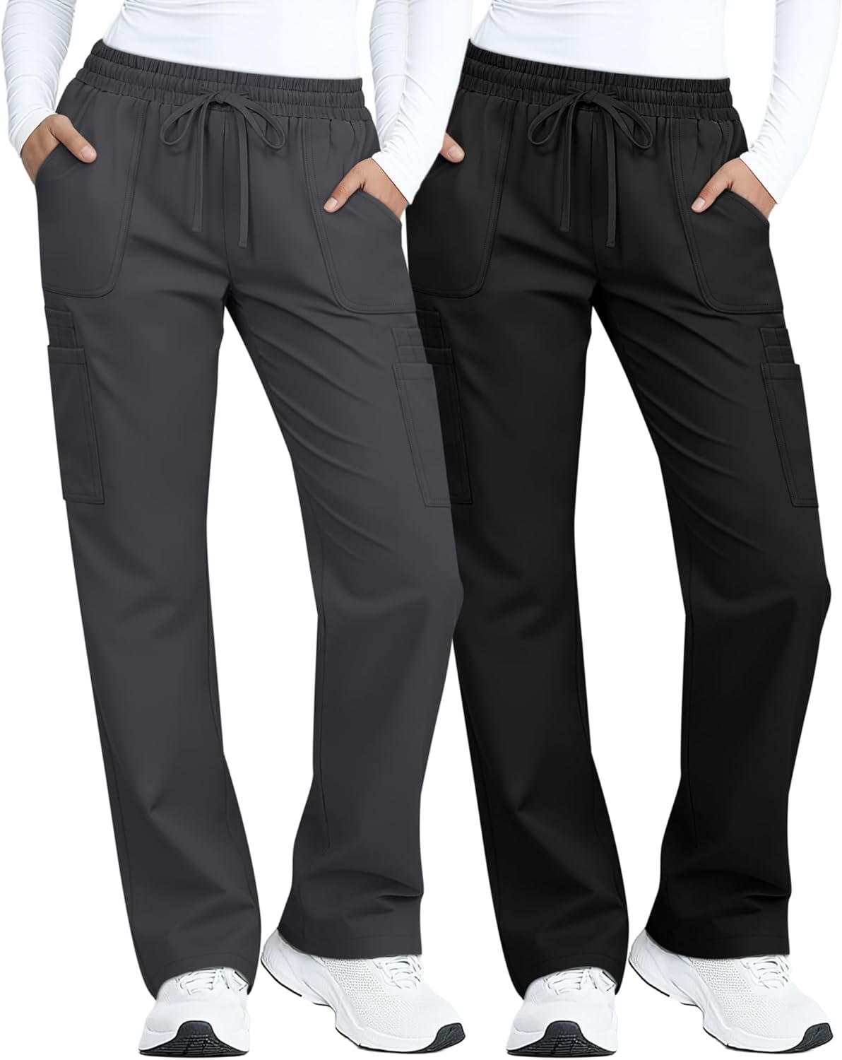 2 Pack Scrub Pants Straight Leg for Women Nurse Cargo Pants Lightweight Mid Rise Trousers 4 Pockets and Pen Slots