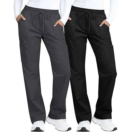 2 Pack Scrub Pants Straight Leg for Women Nurse Cargo Pants Lightweight Mid Rise Trousers 4 Pockets and Pen Slots