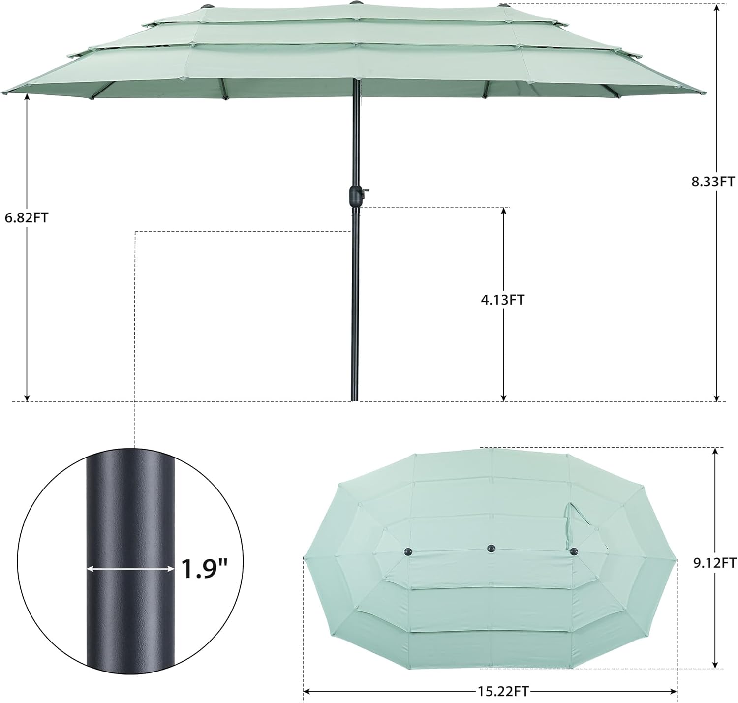 GDY 15 ft Patio Umbrella 3-Tier Ventilated, Easy-Turn Crank and Lock Bolt, Mint Green
