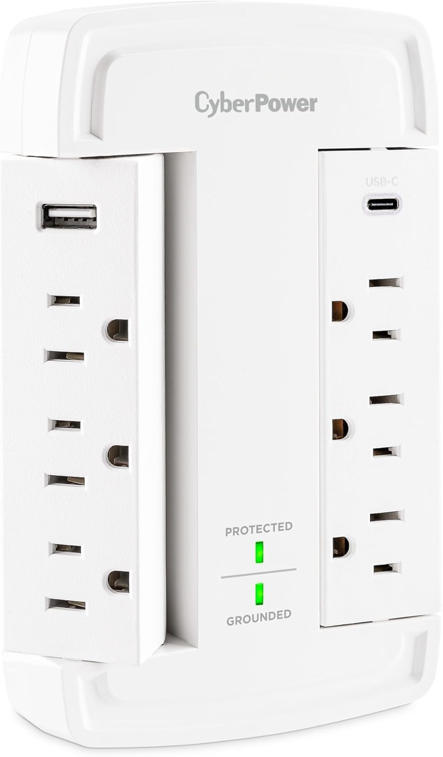 CyberPower CSP6WSUC Surge Protector, 6 Swivel Outlets, 2 USB Charging Ports, 2400J, Wall‑Tap, Fast USB Charging, Home/Office