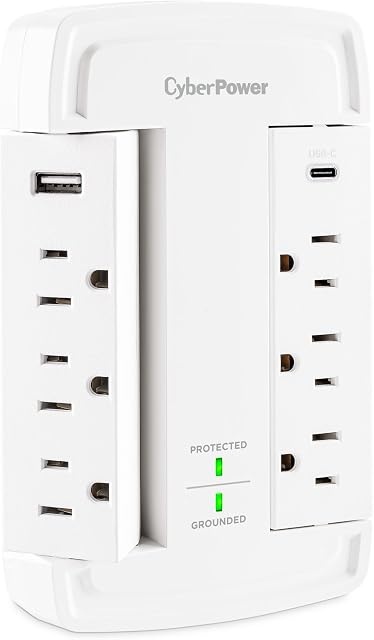 CyberPower CSP6WSUC Protecteur de surpression, 6 Des sorties pivotantes, 2 USB Ports chargés, 2400J, Coupe-mur