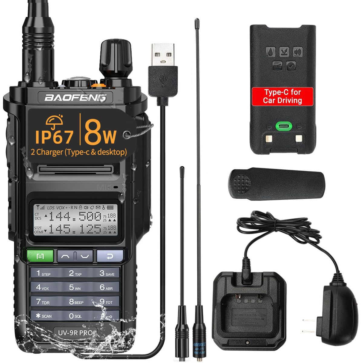 BAOFENG Radio UV-9R Pro Ham Handheld Waterproof IP67 Two-Way Radio,with Type-C Charger Rechargeable Long Range Walkie Talkie for Adult,Upgraded Version of UV-5R Black
