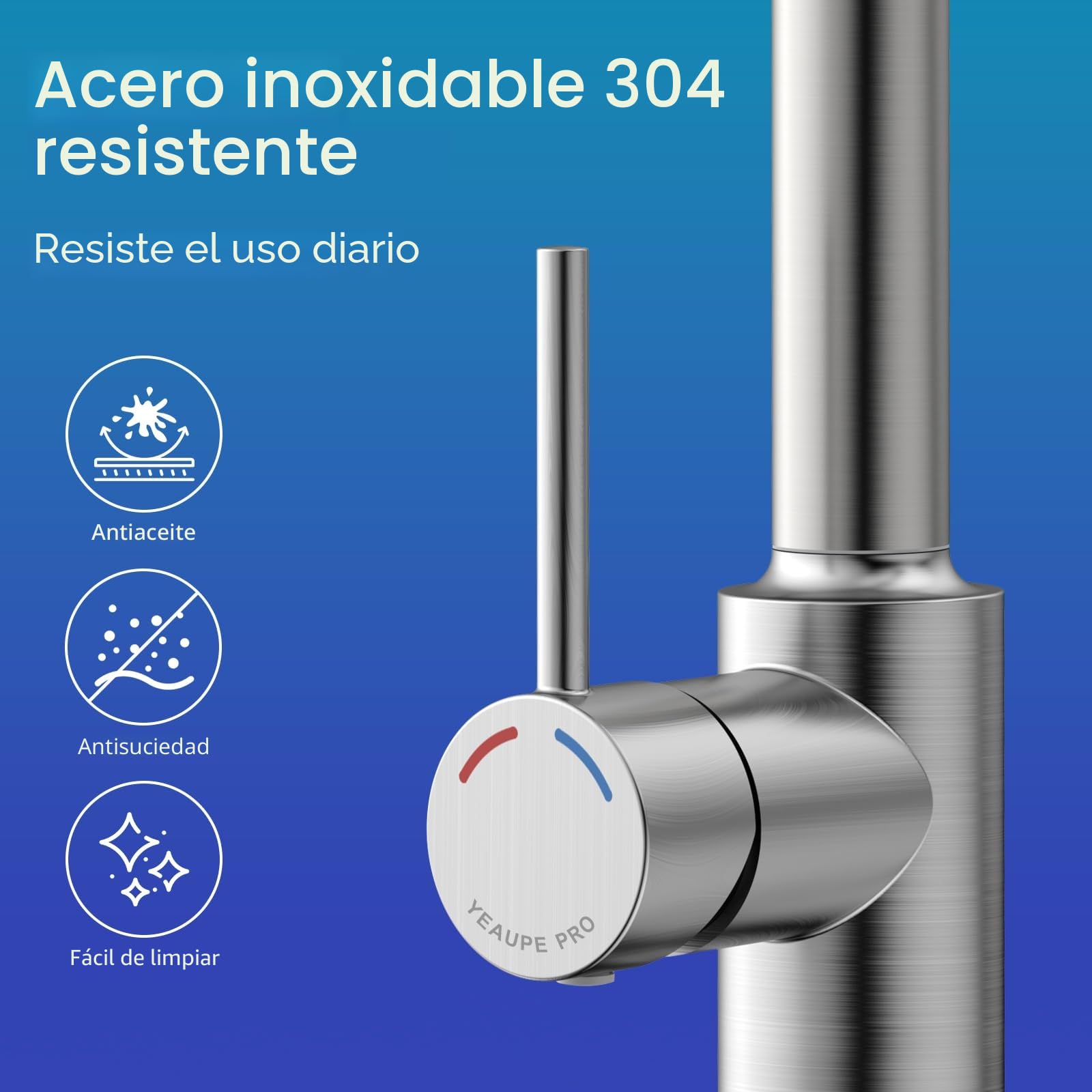 YEAUPE PRO Grifo Cocina Extraible - Grifos Cocina Fregadero con Caño giratorio de 360°,3 Modos Monomando Acero Inoxidable Torneira Cozinha,Cabezal Rociador de ABS, para Fregadero Cocina 1 Agujero