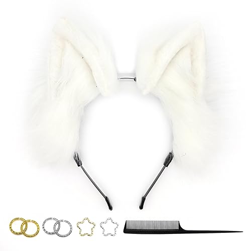 GaliaFaya Cat Wolf Ears Headband Fox Dog Ears Hairband Handmade Faux fur Cosplay Halloween Costume Party - White
