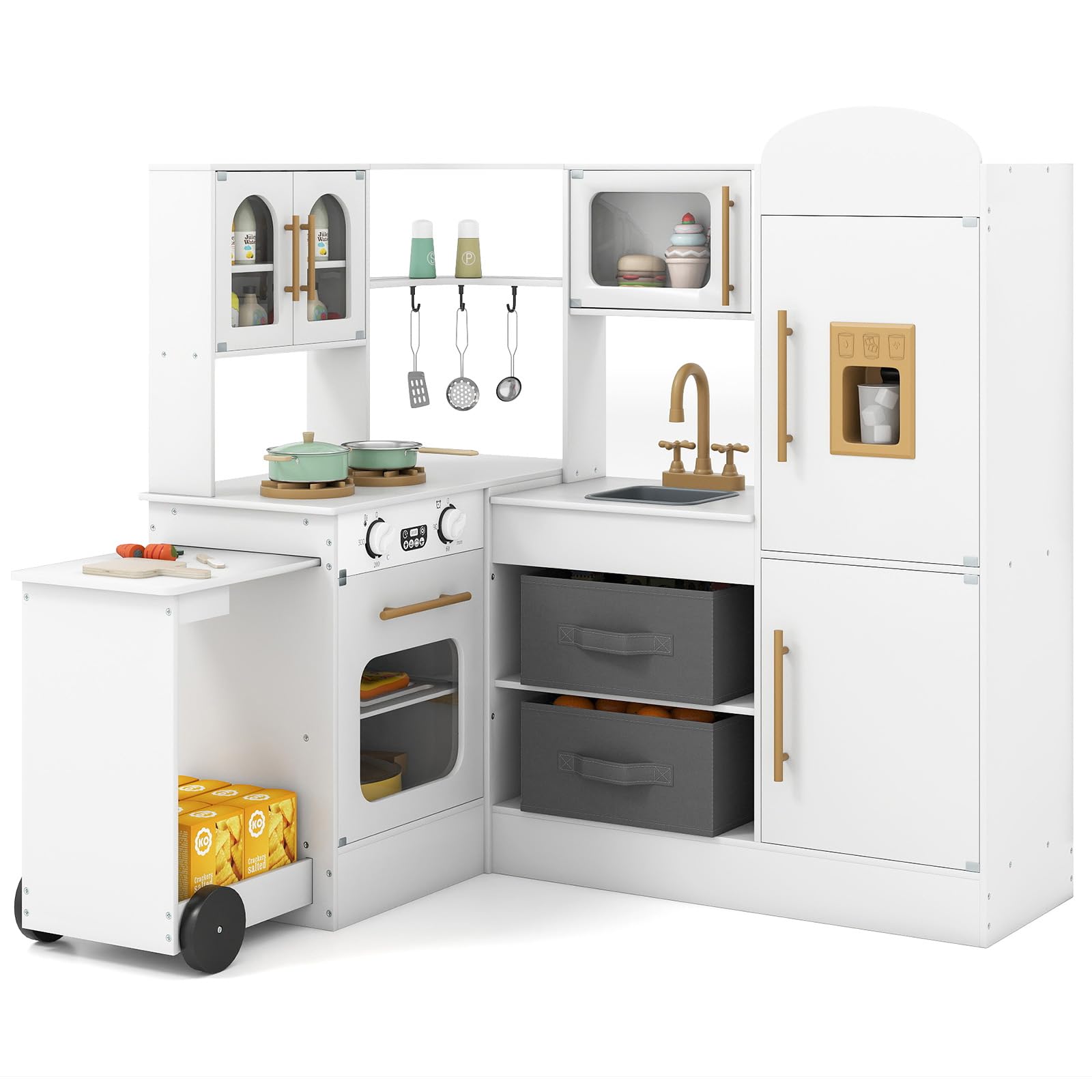 COSTWAY Kids Play Kitchen, Wooden Corner Pretend Kitchen with Lights & Sounds, Rolling Cart, Ice Maker, Microwave, Accessories, Children's Chef Role Play Set for Boys Girls