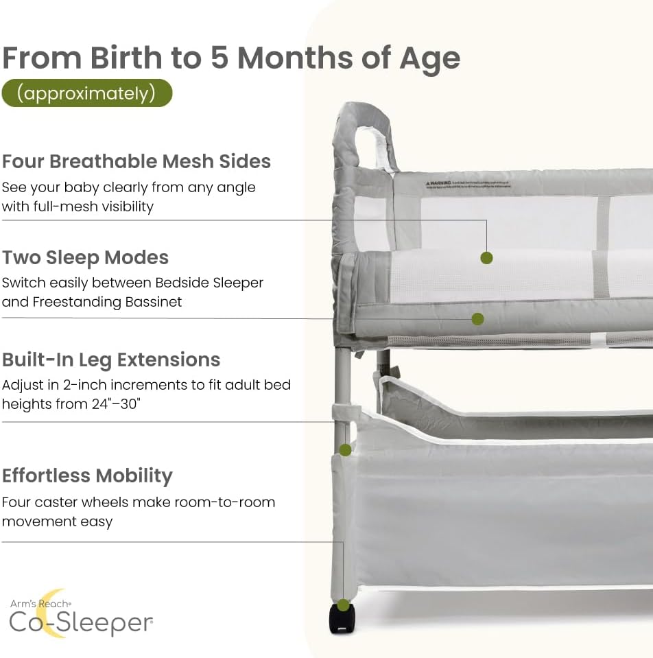 Arm’s Reach Clear-Vue Co-Sleeper Bedside Bassinet Featuring Clear Mesh Panels with Fold-Down Side, Large Attached Storage Basket, 4 Wheels, and Height-Adjustable Legs, Gray