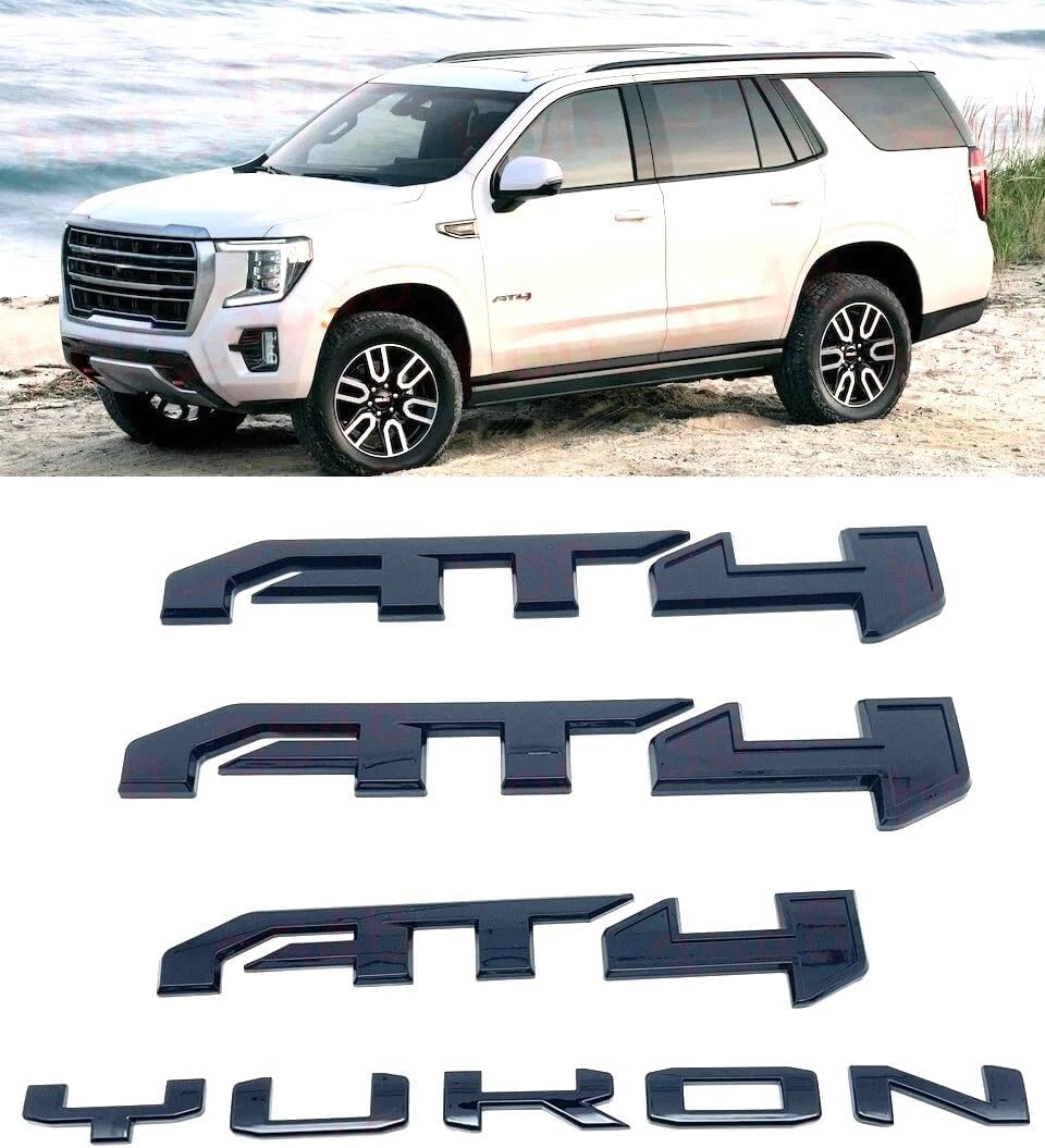 4Pcs Door Rear Tailgate AT4 Yukon Emblems Letters 3D Badge Replacement for 2021-2026 Yukon/XL (Black Red)