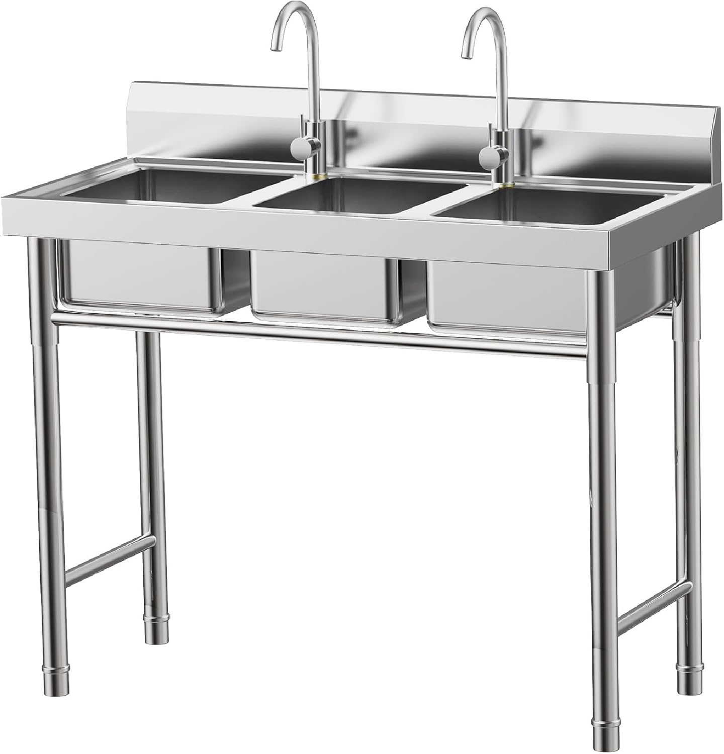 3 Compartment Sink with Faucet, 39*18*35.8 In Commercial Freestanding Heavy duty Stainless Steel Utility Basin With 2 Faucets Hot & Cold Water Pipes for Kitchen, Restaurant, Utility Room and Garage