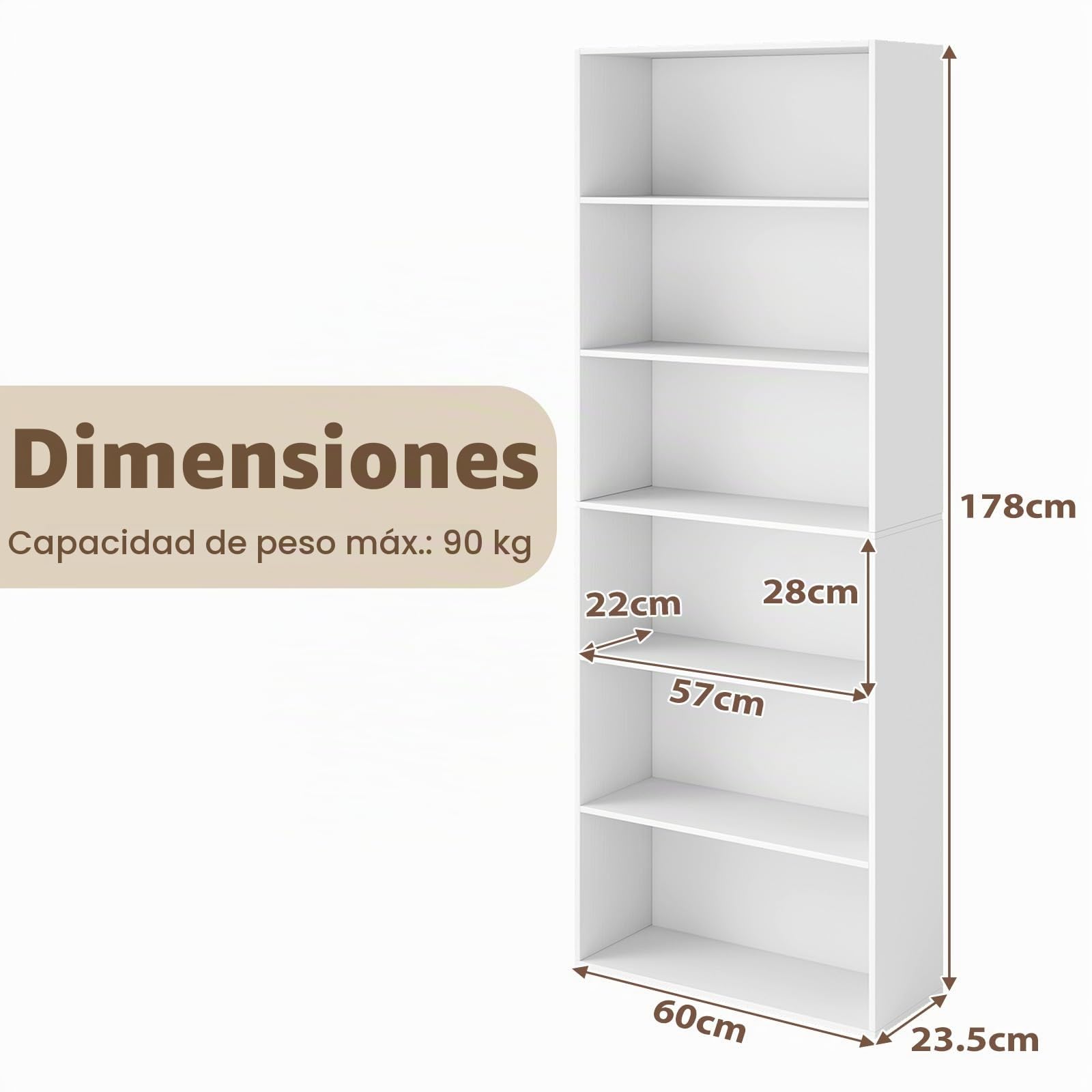 KOMFOTTEU Librería Abierta de 6 Niveles, Estantería para Libros con 2 Kits Antivuelco, Mueble de Almacenamiento de Madera, Armario para Sala de Estar, Oficina, Estudio, 60 x 24 x 178 cm (Blanco)