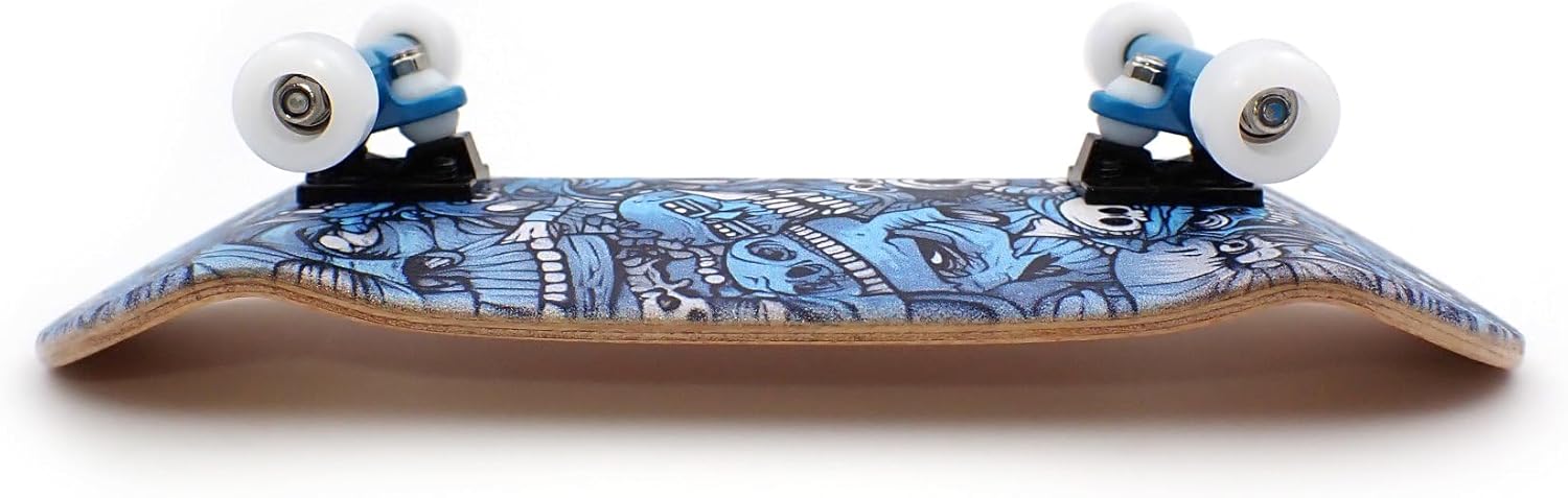 SPITBOARDS® 36 x 96 mm Wood Fingerboard Complete Set-Up, Pre Assembled, 5-Layers Wood, Pro Trucks with Lock Nuts, CNC Bearing Wheels, Real Wear Graphics, Lasered Foam Grip Tape, Blue Mummy Skulls