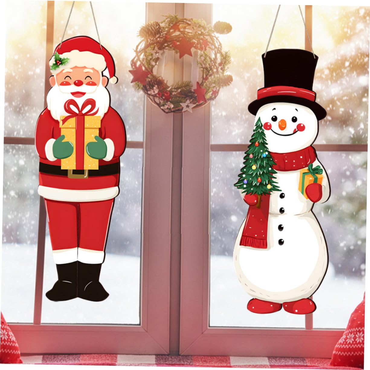 Santa Claus und Schneemann aus Stabilem Holz Leichte Hängedeko für Wand Fenster und Veranda Passend für Traditionelle und Moderne Festtagsatmosphäre