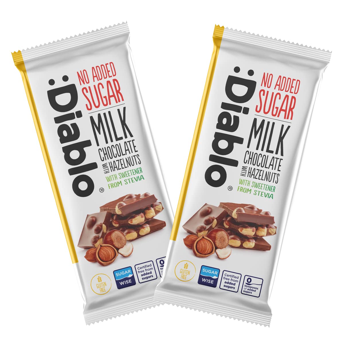 Diablo Milk Chocolate with Hazelnuts | Sweetened with Stevia | No Added Sugar | Gluten Free | Chocolate Hamper Available - Perfect for Gifting | 75g (Pack of 2)