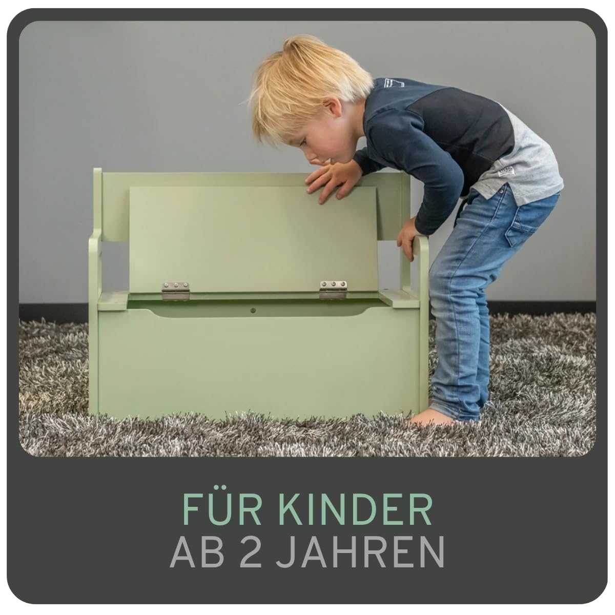 Bandits & Angels Holzspielzeugkiste mit Aufbewahrungsbank Retro Grün – 2-in-1-Aufbewahrungsbank – Sitzhöhe 24 cm – Maße 60 x 27 x 47 cm – für Jungen und Mädchen – Kinderzimmermöbel - Kindersitzbank
